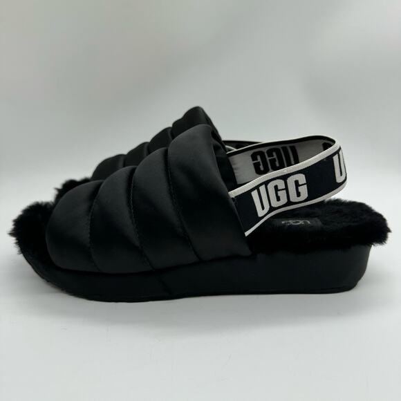 UGG Puff Yeah Slingback Wedge Slide Sandal Lounge Slipper Fuzzy Satin Black Sz 7 - Picture 7 of 12
